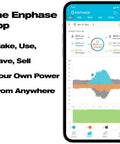 Top Shelf Micro Inverter With Standard Mc4 Connectors Designed For 320 To 540 Watt Solar Panels Running On Smooth Grid Forming Battery Setup And Slick App Dashboard Checks Every Day showing the Enphase app interface on a smartphone.