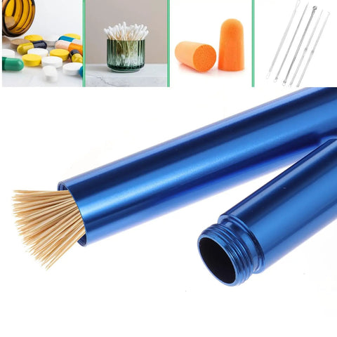 Portable Metal Toothpick Holder Case With Keychain Waterproof Aluminum Alloy in blue, open showing toothpicks