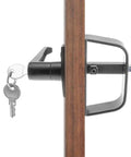 Heavy Duty Shed Door Latch L-Handle Lock Kit installed on wooden door, showing chrome plated zinc alloy with black coat and keys