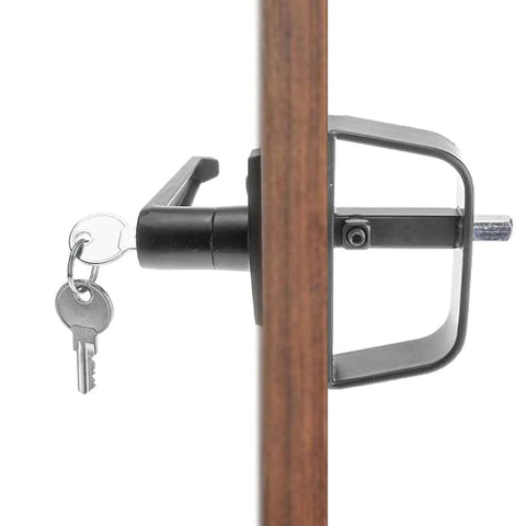 Heavy Duty Shed Door Latch L-Handle Lock Kit installed on wooden door, showing chrome plated zinc alloy with black coat and keys