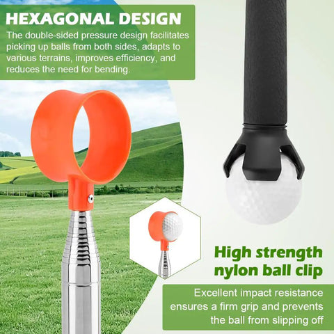 12ft Telescopic Golf Ball Retriever with Grabber showing hexagonal design and nylon clip for easy ball pickup from water ponds mud
