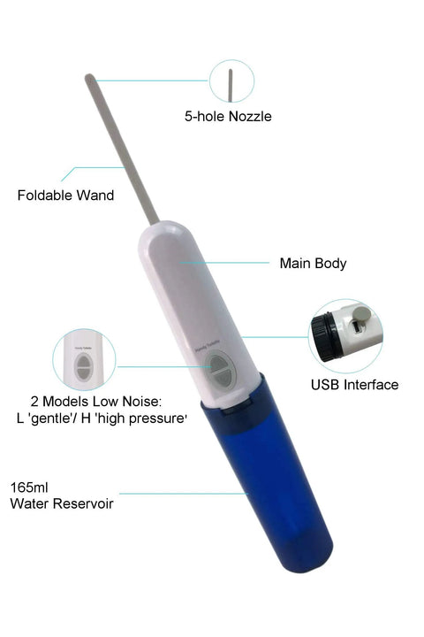 Upgraded Portable Travel Bidet With Large 400ml Water Bottle, Dual Adapter Sizes, USB Charger, showing foldable wand and USB interface