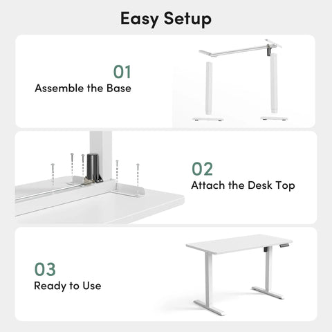 Easy setup instructions for Rock Solid 60 X 24 Inch Electric Adjustable Standing Desk with smooth motor lift.