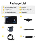 Package list for Badass Eight Inch Android 14 Rugged Tablet Packed With Zebra 4710 Barcode And QR Scanner includes tablet, strap, adapter, stylus.