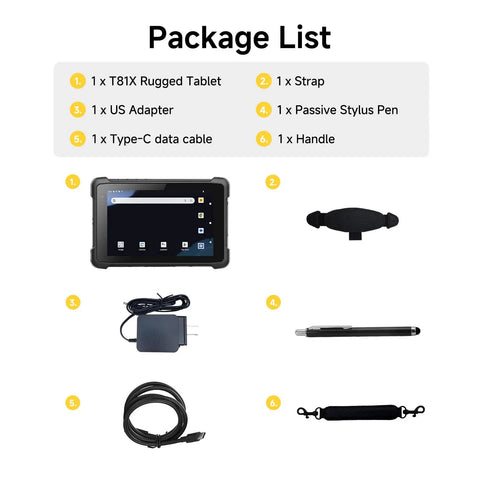 Package list for Badass Eight Inch Android 14 Rugged Tablet Packed With Zebra 4710 Barcode And QR Scanner includes tablet, strap, adapter, stylus.