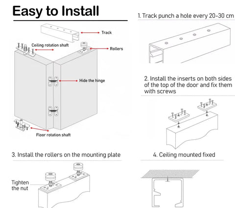 Installation guide for heavy duty bifold closet door hardware kit fits 48 to 96 inch tracks with aluminum components.