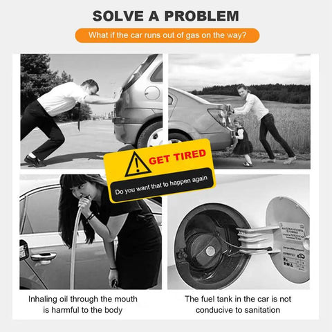 Heavy Duty Portable Siphon Pump Kit For Handheld Fluid Extractor And Universal Gasoline Oil Transfer With Hella Durable Flexible Pvc And No Sweat Garage Use showing safety concerns with fuel transfer.