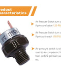 Heavy Duty Air Pressure Switch 120 To 150 PSI 1 Eighth NPT Thread For Air Horns And Compressors DC 12V Or 24V And AC 110 120 240V Black Finish
