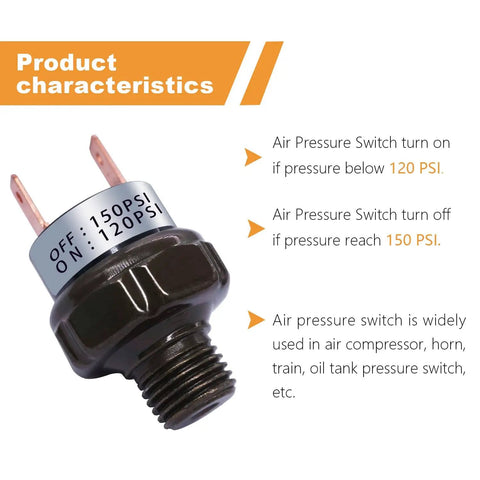 Heavy Duty Air Pressure Switch 120 To 150 PSI 1 Eighth NPT Thread For Air Horns And Compressors DC 12V Or 24V And AC 110 120 240V Black Finish