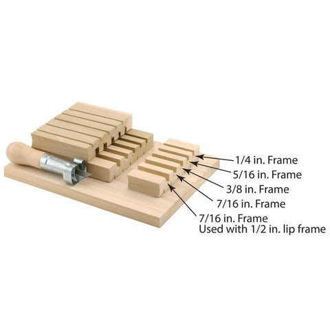 Hardwood Screen Frame Notching Jig for Installing Latches Fits Quarter Inch Through Half Inch Roll Formed Frames detail view