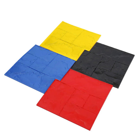 4 Pack 24x24 Inch Concrete Stamps Texturing Mats in yellow, blue, black, and red colors for DIY patio pavers, courtyard paths, driveways, pool decks