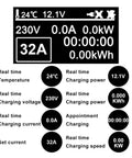 Digital display showing power metrics for Heavy Duty Portable EV Charger with Type Two and J1772 adapters, 32A output.