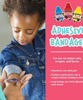 Crayola First Aid Kit, 30 pieces; child getting an adhesive bandage applied to forearm beside pink packaging.