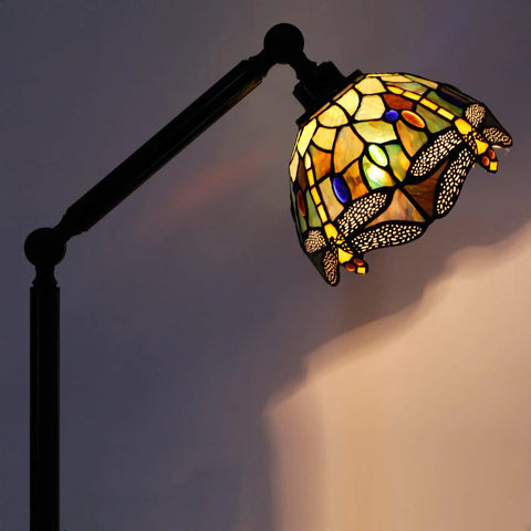 Tiffany Style Stained Glass Floor Lamp With Swivel Arm 72 Inch Tall Angle Adjustable Reading Light Antique Amber Yellow Dragonfly Shade