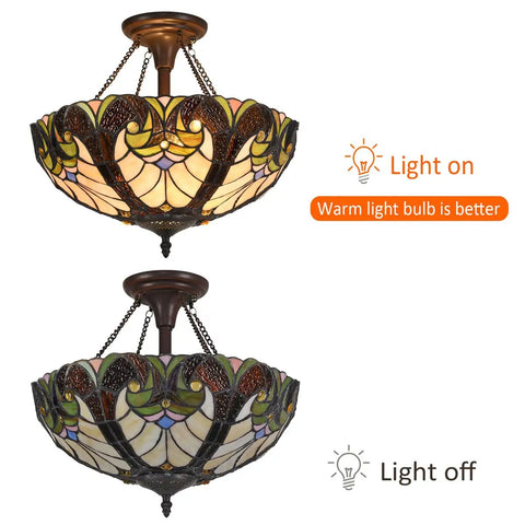 Tiffany Style Stained Glass Ceiling Lamp 16 Inch Wide 2 Light Victorian Semi Flush Mount with Amber Cream Glass, light on and off