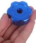 Close-up of blue Round Wheel Handwheel Replacement For Exterior Faucet And Outdoor Spigot, Aluminum Alloy Knob with 6.6mm square hole.