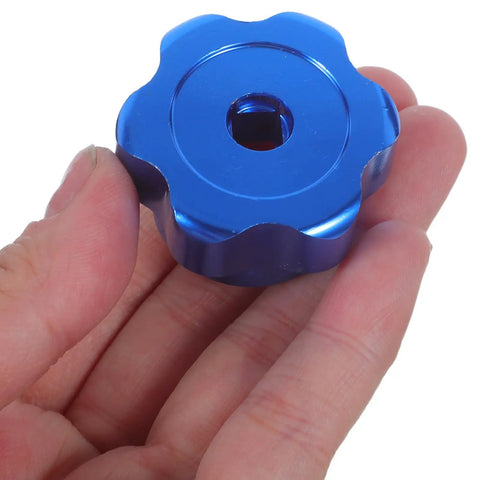 Close-up of blue Round Wheel Handwheel Replacement For Exterior Faucet And Outdoor Spigot, Aluminum Alloy Knob with 6.6mm square hole.