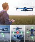 Man flying 1080P Camera Mini Drone With Brushless Motors For Beginners, showing one-key start and headless mode features.