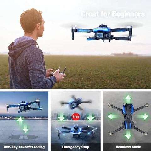 Man flying 1080P Camera Mini Drone With Brushless Motors For Beginners, showing one-key start and headless mode features.