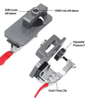 Top Notch Aluminum Alloy Hinge Hole Locator Jig For 35mm Cup Holes With Adjustable Drilling Positioner Tool close-up showing drill sleeves and pressure plate.