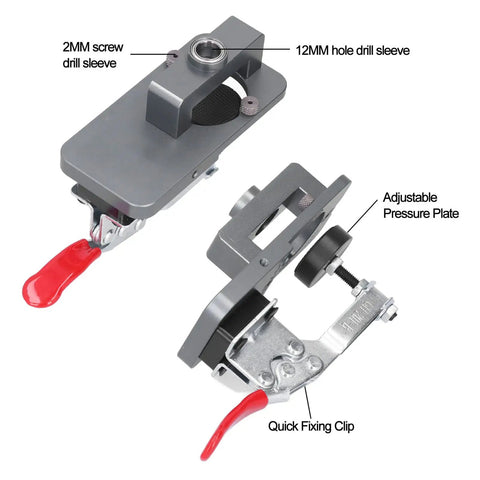 Top Notch Aluminum Alloy Hinge Hole Locator Jig For 35mm Cup Holes With Adjustable Drilling Positioner Tool close-up showing drill sleeves and pressure plate.