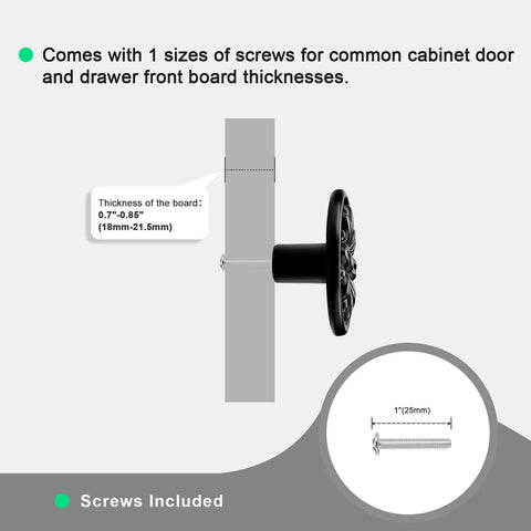 Side view of black floral embossed solid zinc alloy cabinet handle from 4 pack with included 25mm screw for single hole installations.
