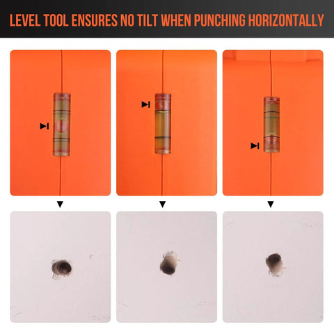 Level tool in use with cordless rotary hammer drill ensuring horizontal drilling accuracy, shown with wall holes.