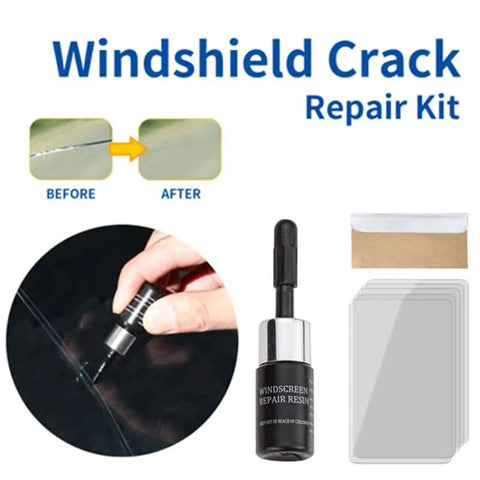 Windshield Crack Repair Kit With Repair Fluid For A Quick DIY Fix And Car Care Easy To Use Anti Scratch Formula showcasing tools and bottle