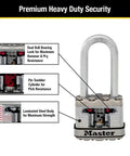 Close-up of Magnum Heavy Duty Padlock With Key, Built Like A Tank, 3 Pack Keyed Alike, showing dual armor laminated body and features.