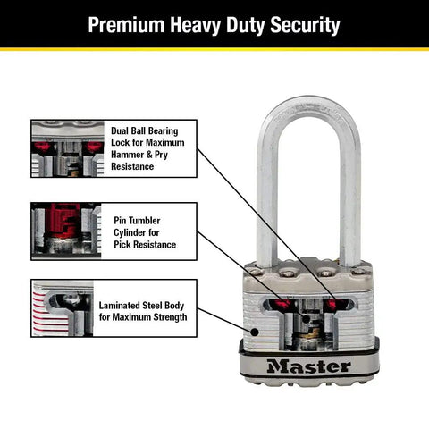 Close-up of Magnum Heavy Duty Padlock With Key, Built Like A Tank, 3 Pack Keyed Alike, showing dual armor laminated body and features.