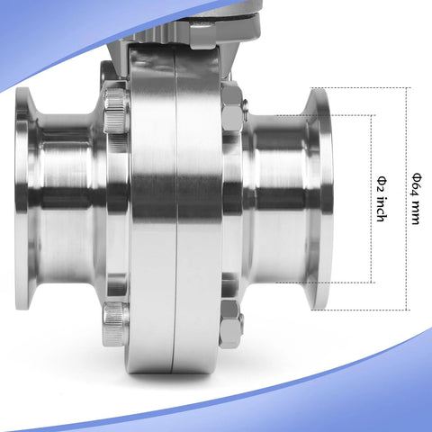 2 Inch sanitary stainless steel butterfly valve with trigger handle and tri-clamp ends (side view)