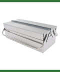 Dang Tough Stainless Steel Tool Box With Rubberized Carry Handle 18 Inch 2 Tier 3 Roomy Trays portable tool storage with silver finish.
