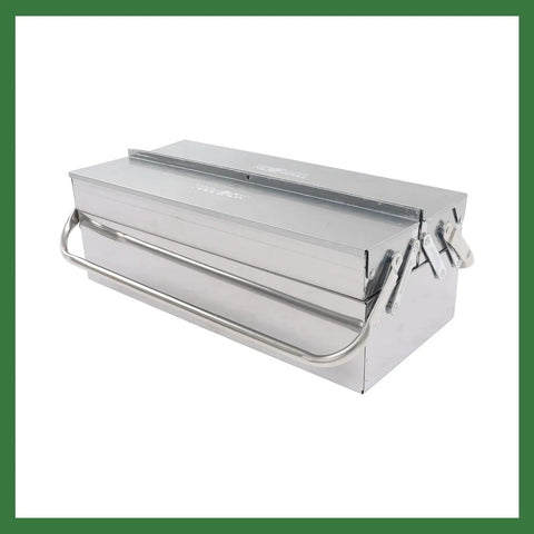 Dang Tough Stainless Steel Tool Box With Rubberized Carry Handle 18 Inch 2 Tier 3 Roomy Trays portable tool storage with silver finish.