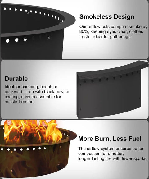 39 Inch Smokeless Fire Pit Ring Insert for Outdoor Use with ventilation holes and durable black metal rim