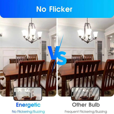 Comparison of dining room lighting using 100W Equivalent A19 LED Light Bulb Daylight 5000K and another bulb with flickering.