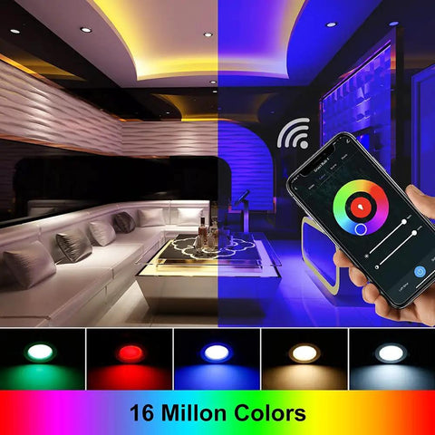 Plug-And-Play 2 Inch Smart Recessed LED Downlight Kit With WiFi Control, 5W RGB Color Changing showing color options via smartphone app