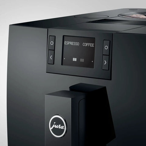 Close-up of Top Shelf Automatic Coffee Machine In Sleek Piano Black with control panel displaying espresso options.