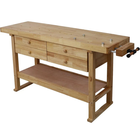 Beefy Heavy Duty Wooden Workbench With Four Drawers And Rubber Wood Top, 60 Inch Garage Shop Table, Sturdy Roomy Work Surface