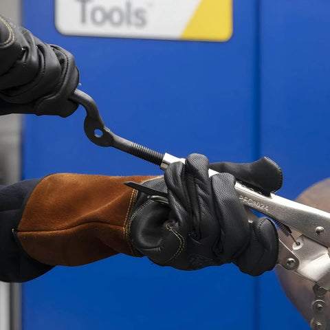Pipe Alignment Chain Pliers Built Tough For Precise Welding in use, showing adjustable stainless steel contacts and quick release lock