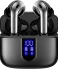 True Wireless Bluetooth Earbuds With 60 Hours Of All Day Juice And Dual Led Power Display Featuring IPX5 Waterproof Rating Portable Wireless Charging Case Built In Microphone For Phone Laptop And Gym Workouts Total Game Changer, black charging case with LED display and earbuds.