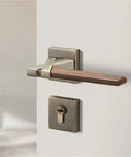 Silent Zinc Alloy Door Lock Set With Slick Wood Grain Handle Bedroom Security Lock Heavy Duty Lockset on a white door.