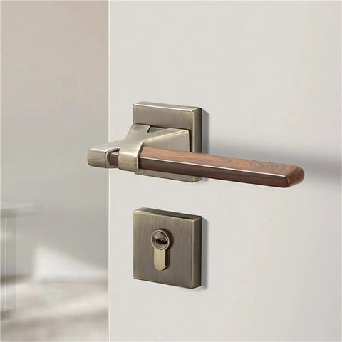 Silent Zinc Alloy Door Lock Set With Slick Wood Grain Handle Bedroom Security Lock Heavy Duty Lockset on a white door.