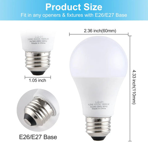 Ultra Bright LED Garage Door Opener Bulbs 1500 Lumens A19 E26 Base 120V 12W 4000K Cool White minimal interference