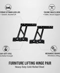 Diagram of Heavy Duty Lifting Hinge Pair for Lift Top Storage Furniture, black cold-rolled steel for DIY woodworking projects