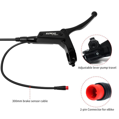 Side view of ZTZ 4-piston eBike hydraulic brake lever kit with adjustable travel, 300mm brake sensor cable, red 2pin connector