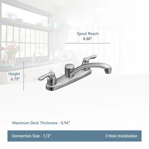 Chateau Two Handle Kitchen Faucet Chrome With Aerated Water Stream ADA Compliant, dual levers, spout reach diagram