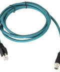 Built Tough M12 To RJ45 Ethernet Cable Featuring CAT6A Wiring IP67 Waterproof Shielding And High Flex Connectors, teal 8-pin with RJ45 plug.