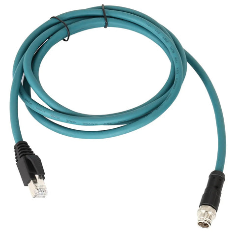 Built Tough M12 To RJ45 Ethernet Cable Featuring CAT6A Wiring IP67 Waterproof Shielding And High Flex Connectors, teal 8-pin with RJ45 plug.