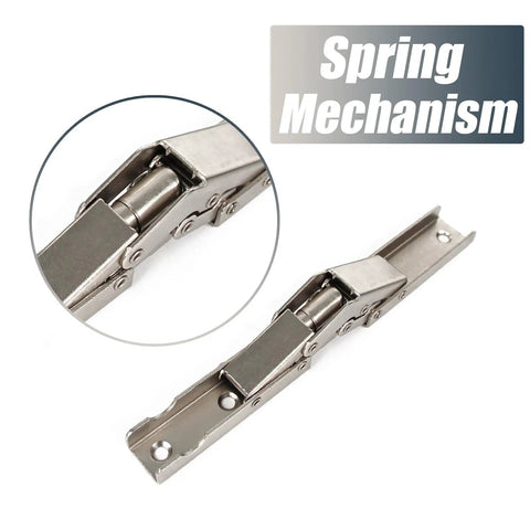 Close-up of Skip The Fiddly Hardware 90 Degree Locking Folding Bracket Wall Shelf Hinge in nickel-coated steel, displaying spring mechanism.