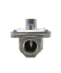 Propane gas pressure regulator with 3/4 in FNPT inlet/outlet, metal body and blue adjustment cap (front view).